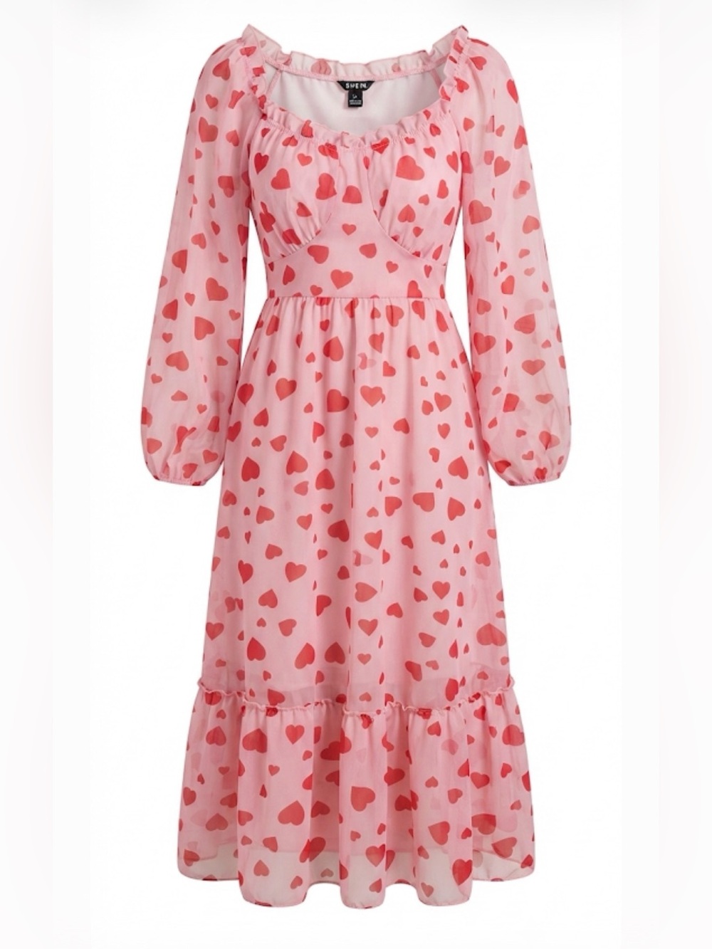 Hearts Midi Pink Dress Balloon Sleeves 2XL